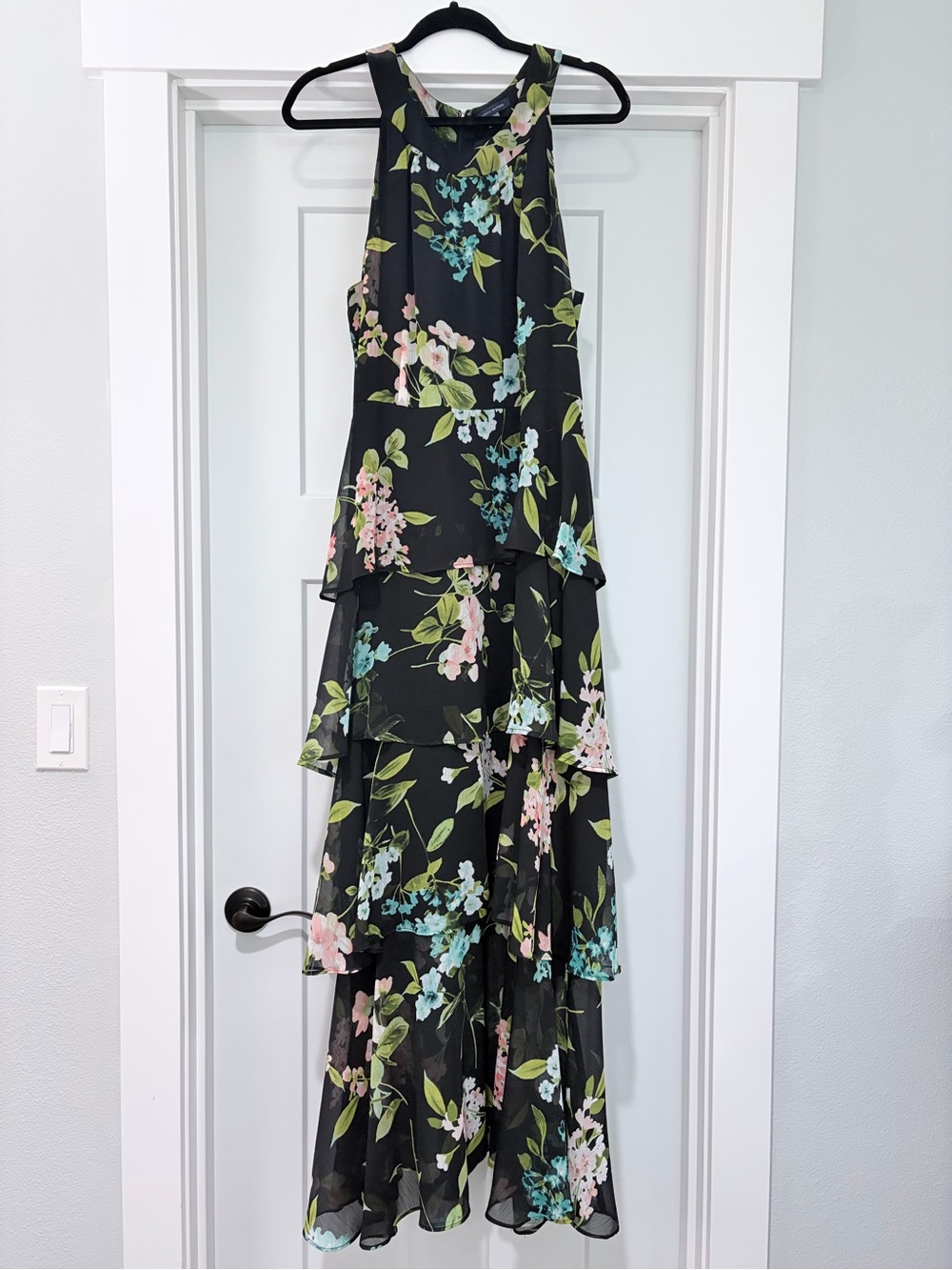 Tommy Hilfiger Black Floral Tiered Maxi Dress with Pink & Blue Blooms